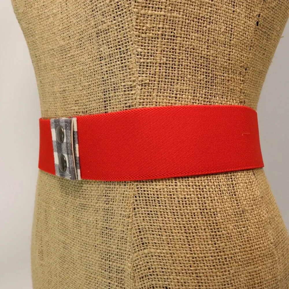 Vintage 70s Waist Belt Women 8 M Red Stretch Black White Check Snap